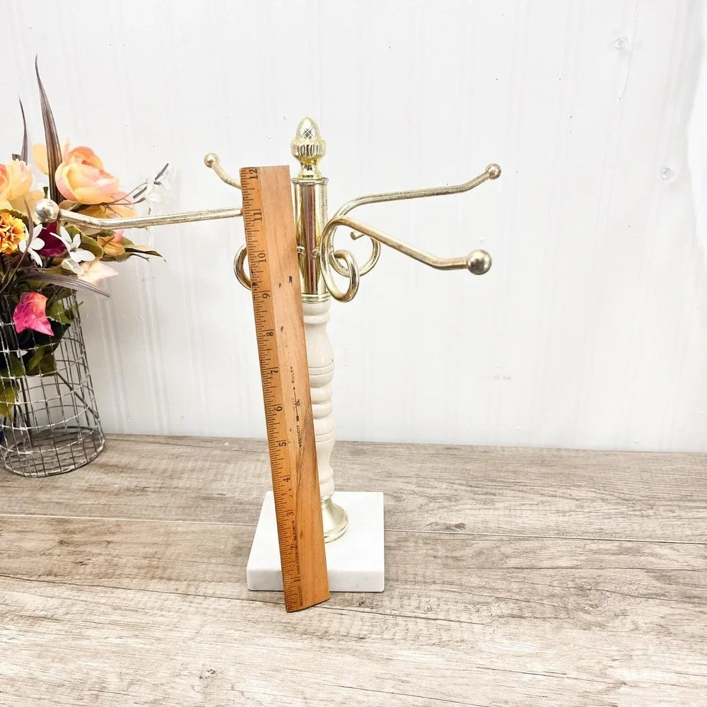 Vintage Brass Marble Jewelry Stand, 4-Arm Rotating Organizer Decor